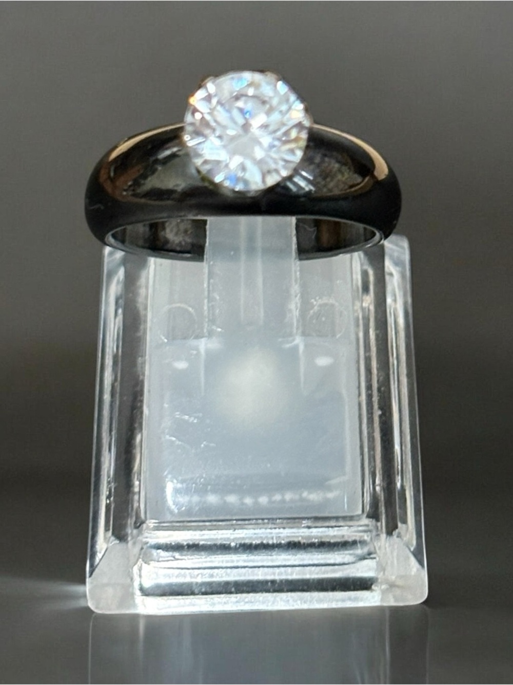 Solitaire Ring with Large Round Clear Stone - Black Band